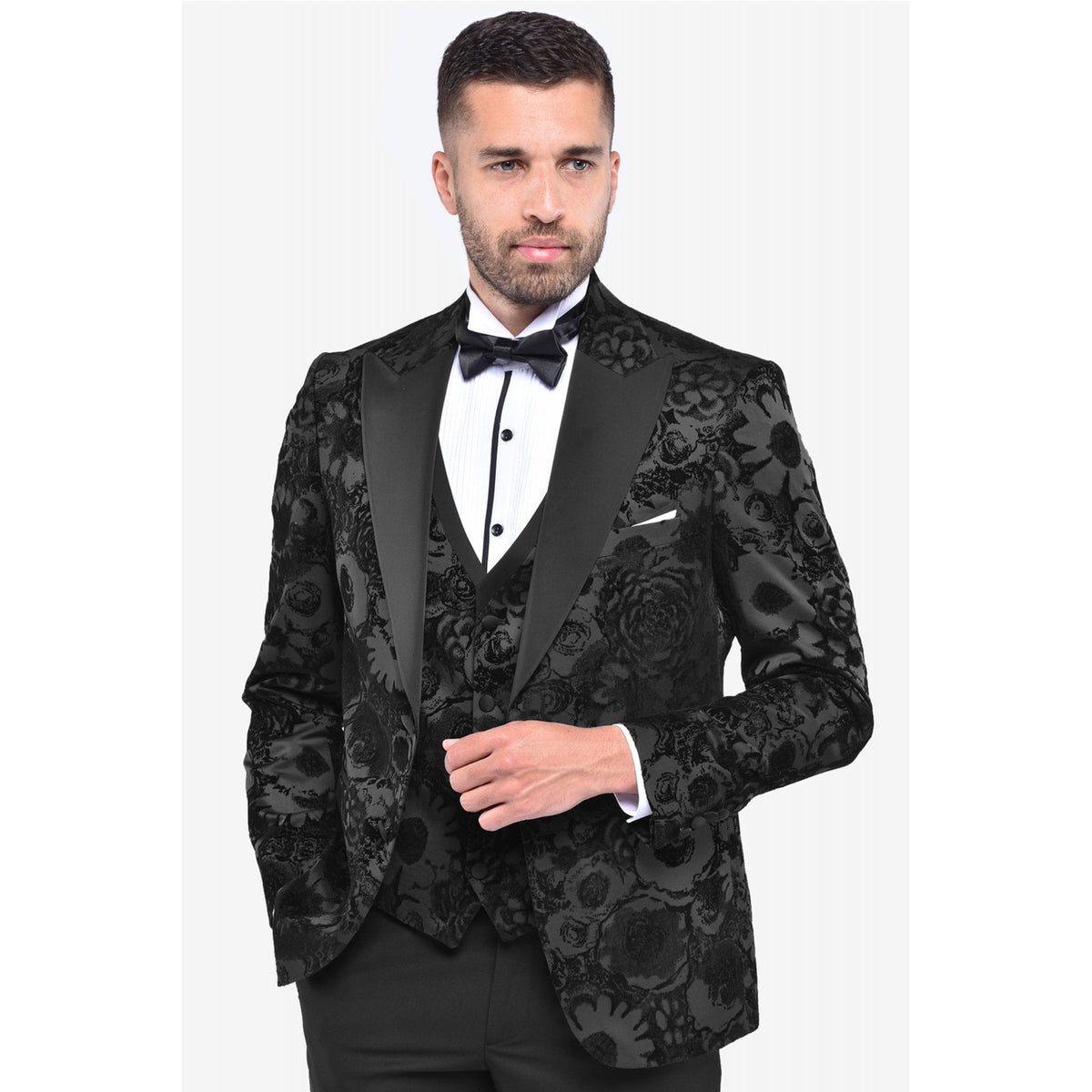 CB Lagos Tailored Slim Fit Velvet Flower Print 3 Piece Suit