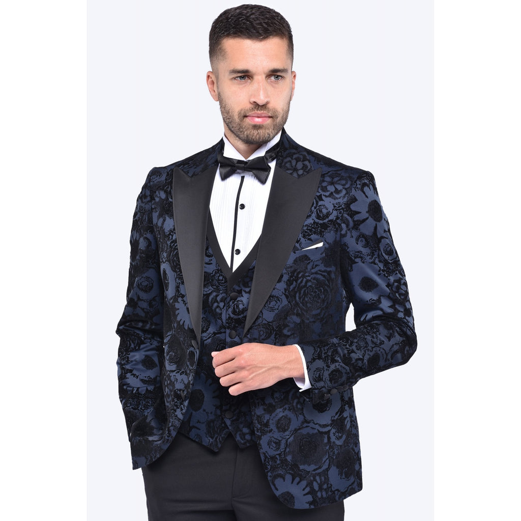 CB Lagos Tailored Slim Fit Velvet Flower Print 3 Piece Suit
