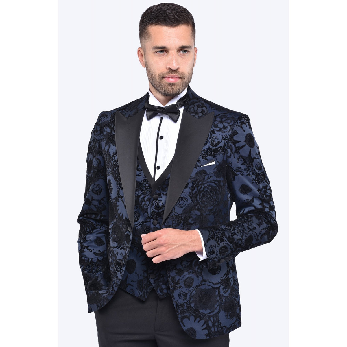 CB Lagos Tailored Slim Fit Velvet Flower Print 3 Piece Suit
