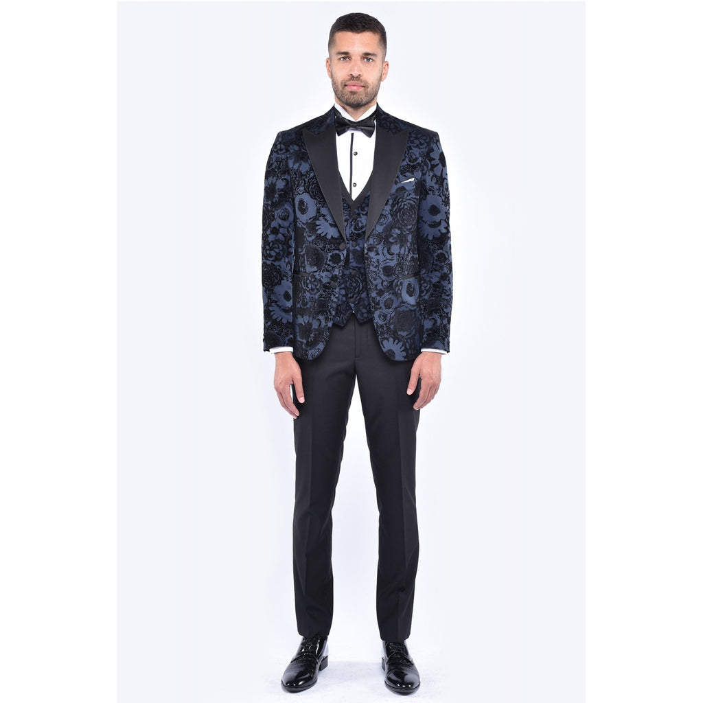 CB Lagos Tailored Slim Fit Velvet Flower Print 3 Piece Suit