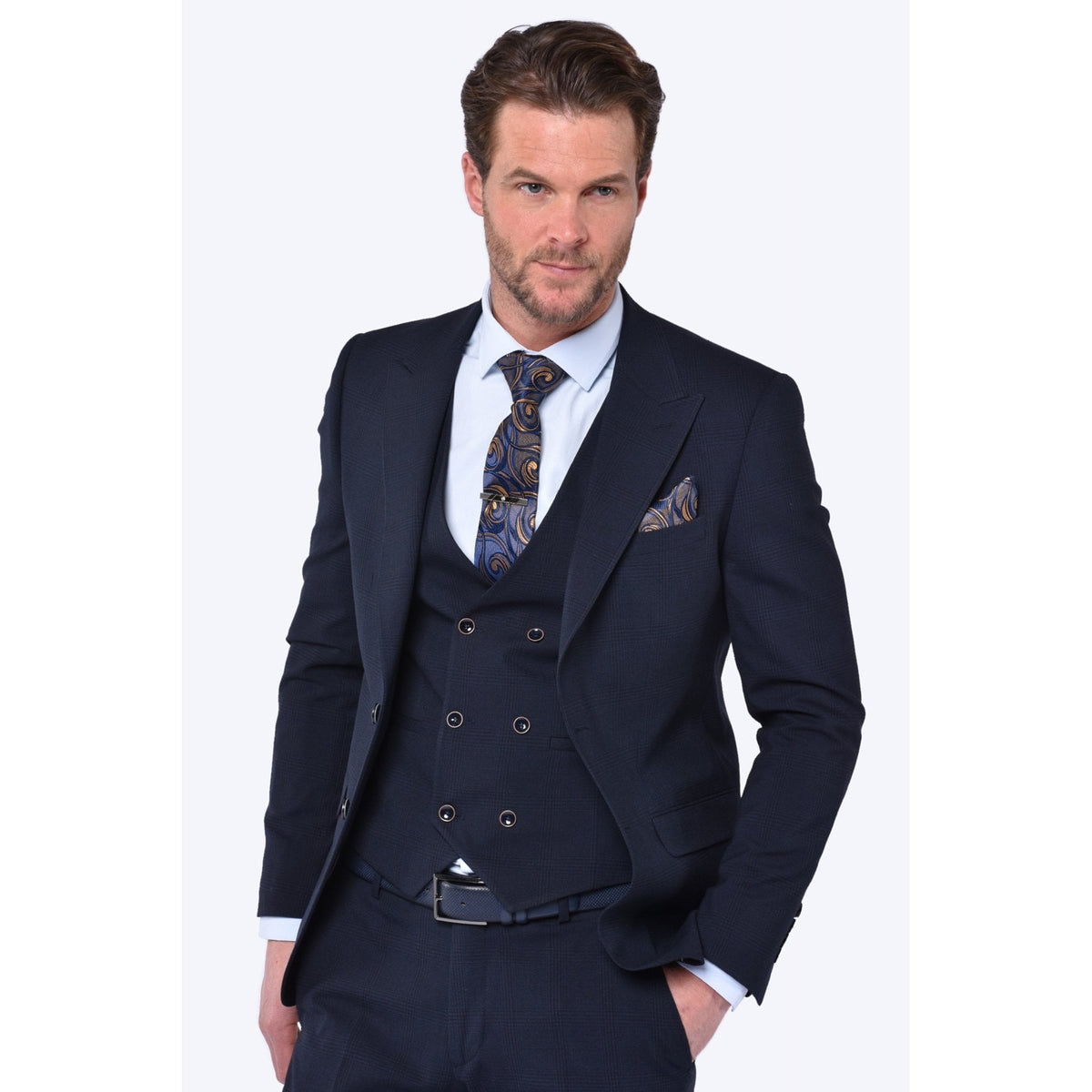 CB Brooklyn Tailored Slim Fit Contrast Check 3 Piece Suit
