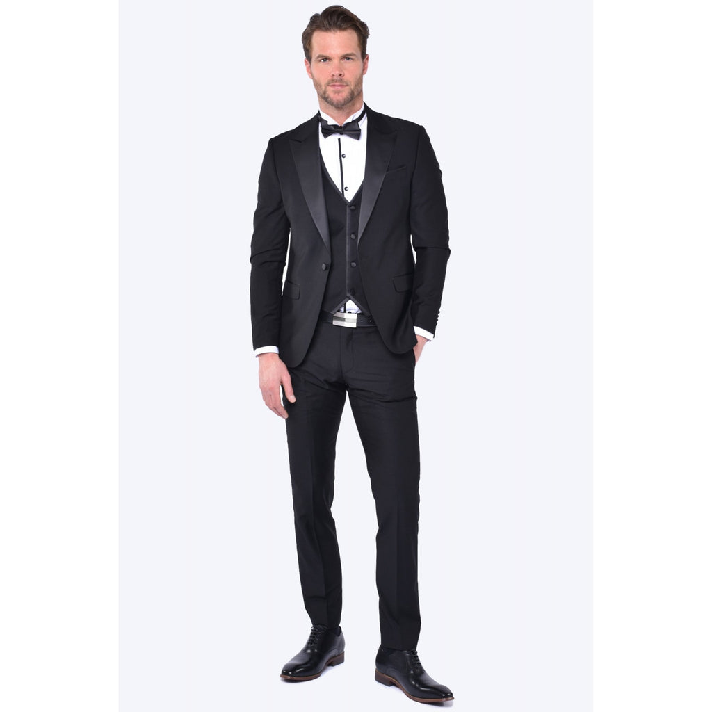 CB Paris Slim Fit Dinner Satin Three Piece Suit - Black