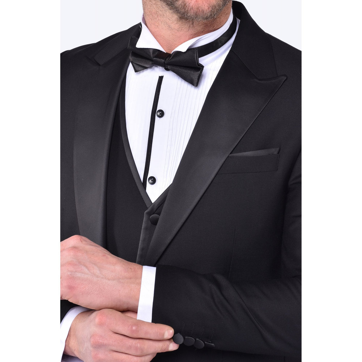 CB Paris Slim Fit Dinner Satin Three Piece Suit - Black