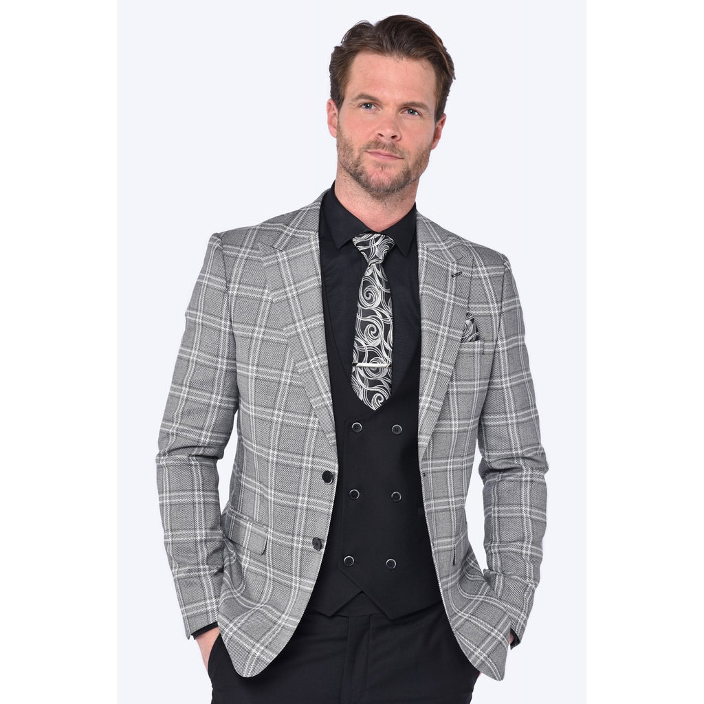 CB New York Tailored Slim Fit Contrast Check 3 Piece Suit - Grey/Black