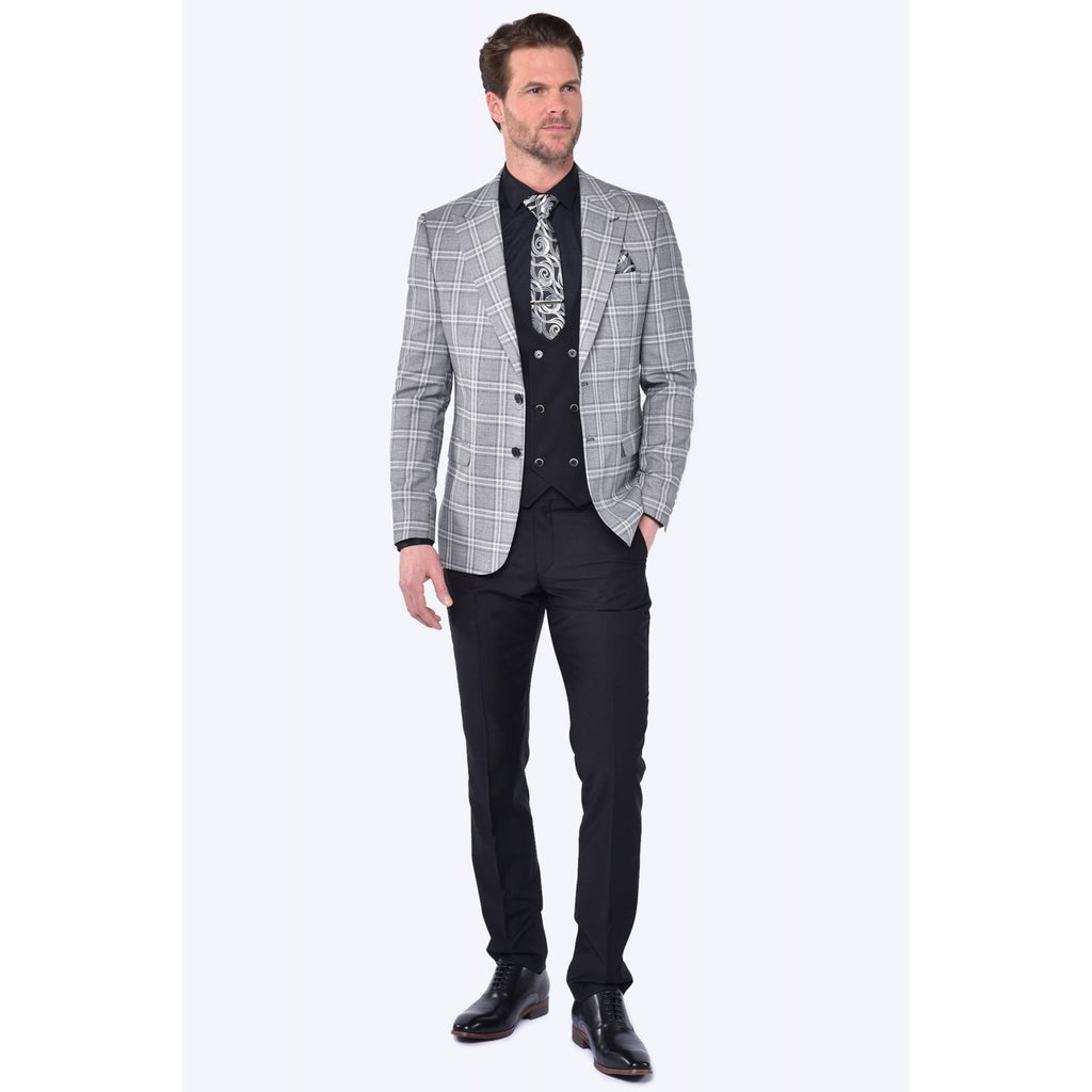 CB New York Tailored Slim Fit Contrast Check 3 Piece Suit - Grey/Black
