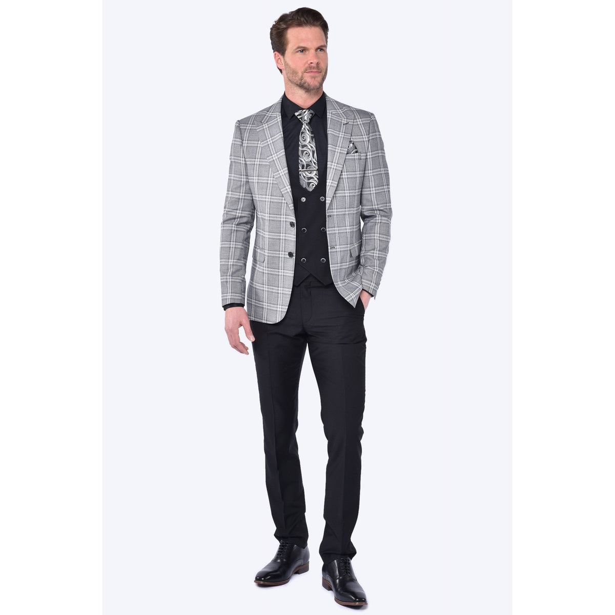 CB New York Tailored Slim Fit Contrast Check 3 Piece Suit - Grey/Black
