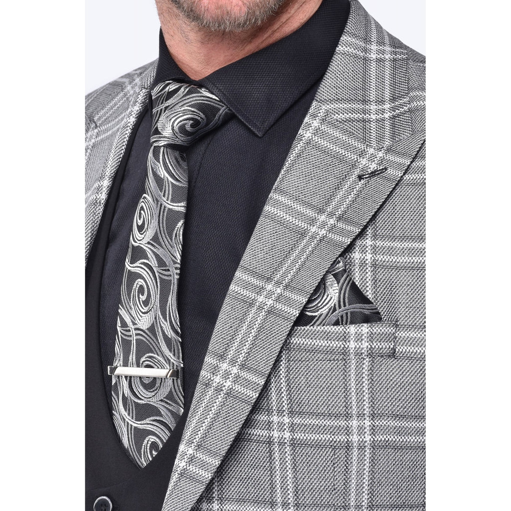 CB New York Tailored Slim Fit Contrast Check 3 Piece Suit - Grey/Black