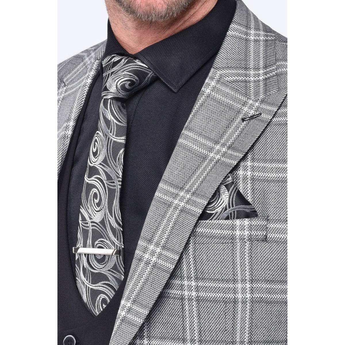 CB New York Tailored Slim Fit Contrast Check 3 Piece Suit - Grey/Black