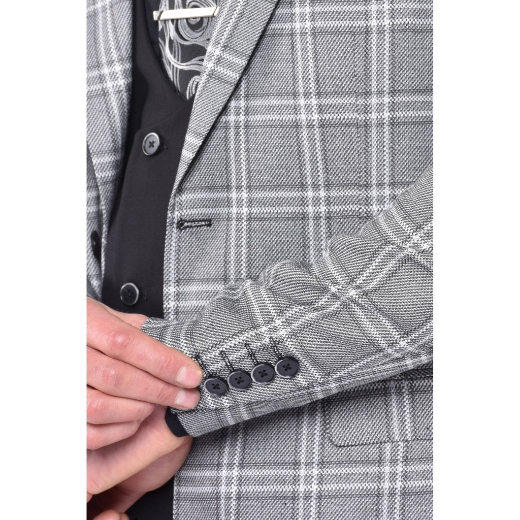 CB New York Tailored Slim Fit Contrast Check 3 Piece Suit - Grey/Black