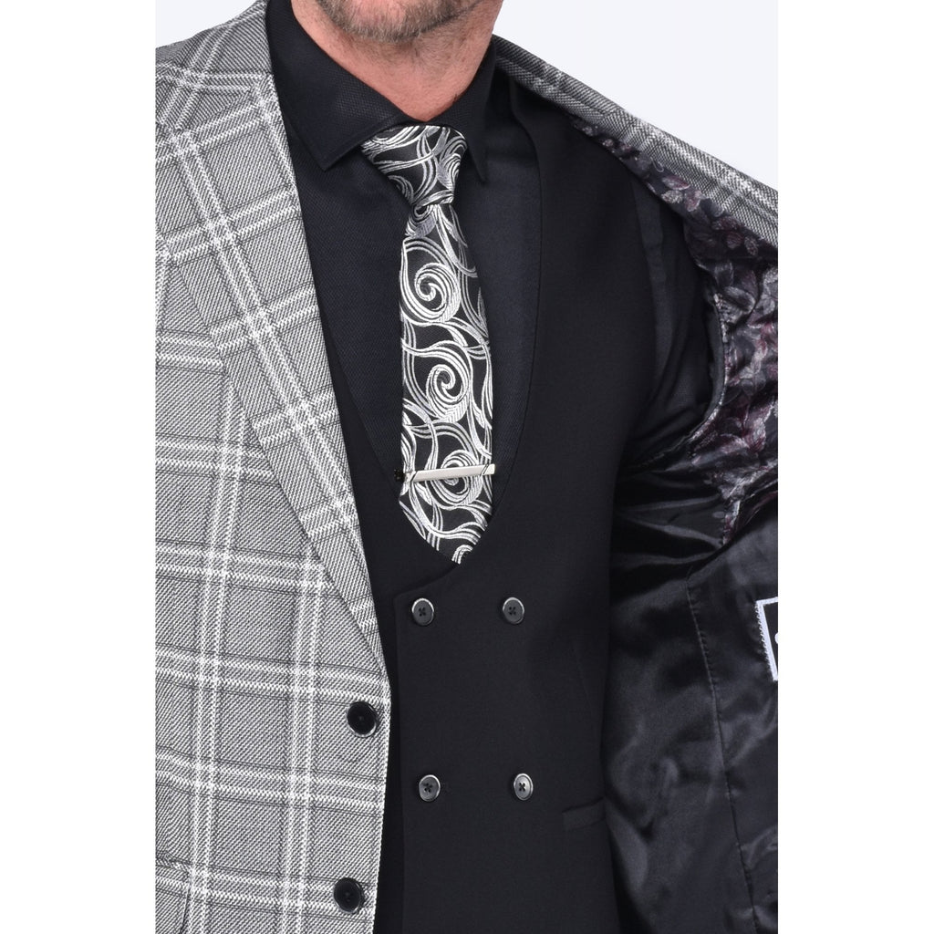 CB New York Tailored Slim Fit Contrast Check 3 Piece Suit - Grey/Black
