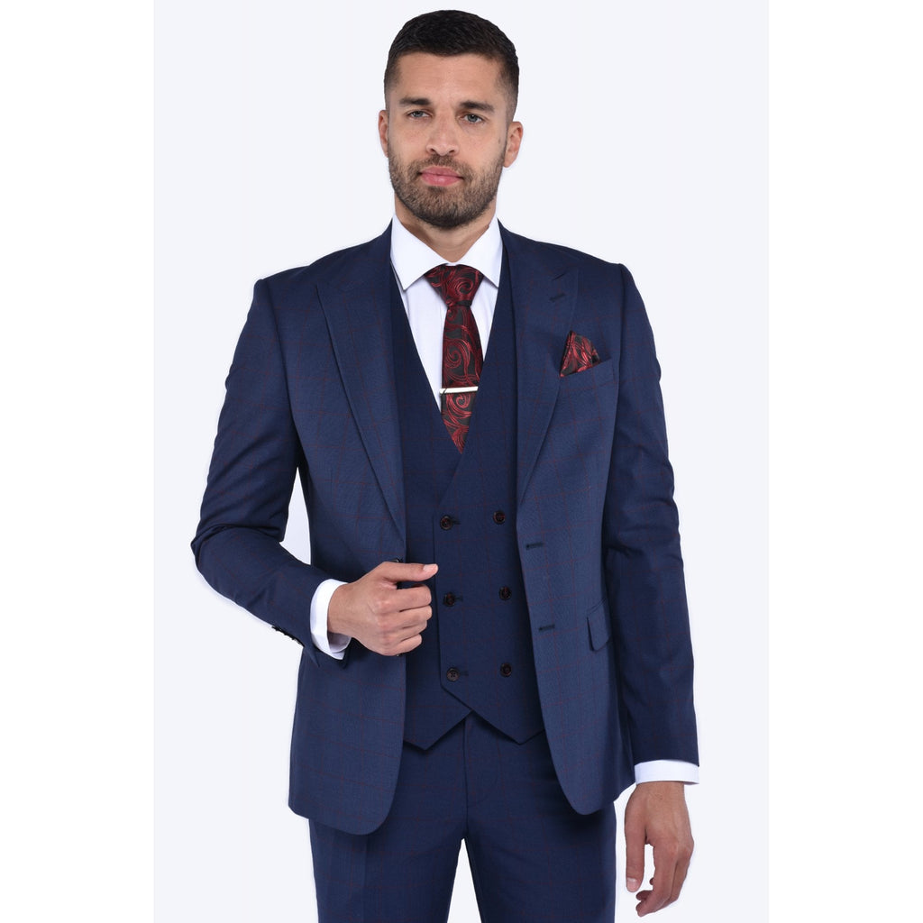 CB Kamy 2 Tailored Slim Fit Contrast Check 3 Piece Suit - Navy