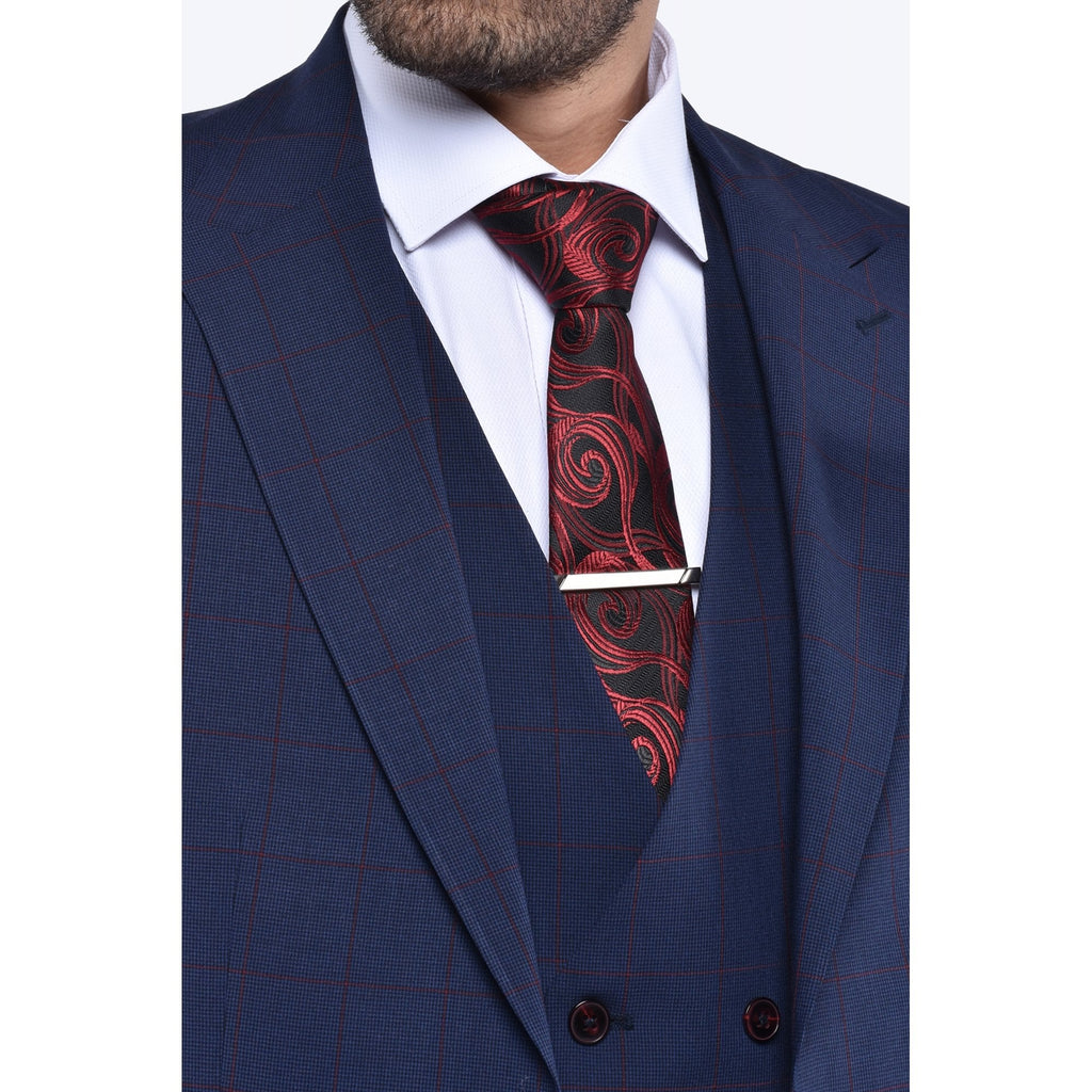 CB Kamy 2 Tailored Slim Fit Contrast Check 3 Piece Suit - Navy