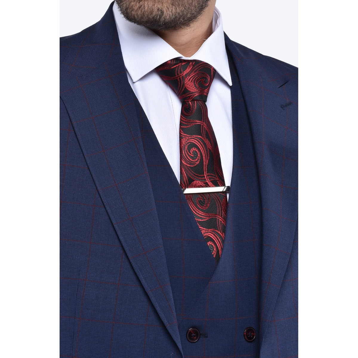 CB Kamy 2 Tailored Slim Fit Contrast Check 3 Piece Suit - Navy