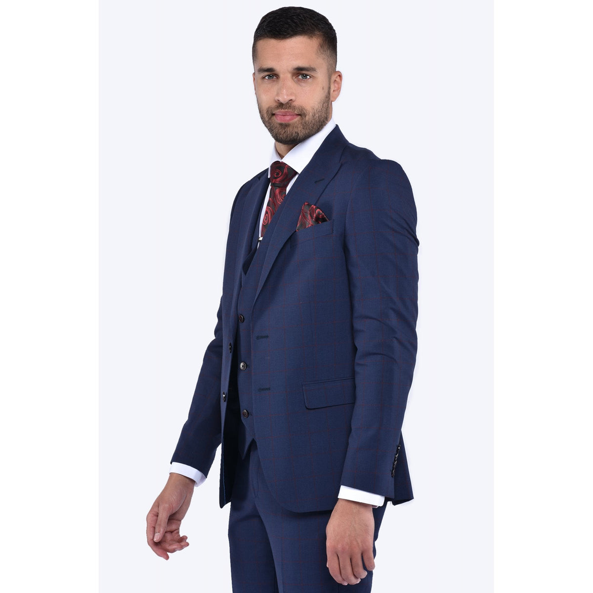 CB Kamy 2 Tailored Slim Fit Contrast Check 3 Piece Suit - Navy