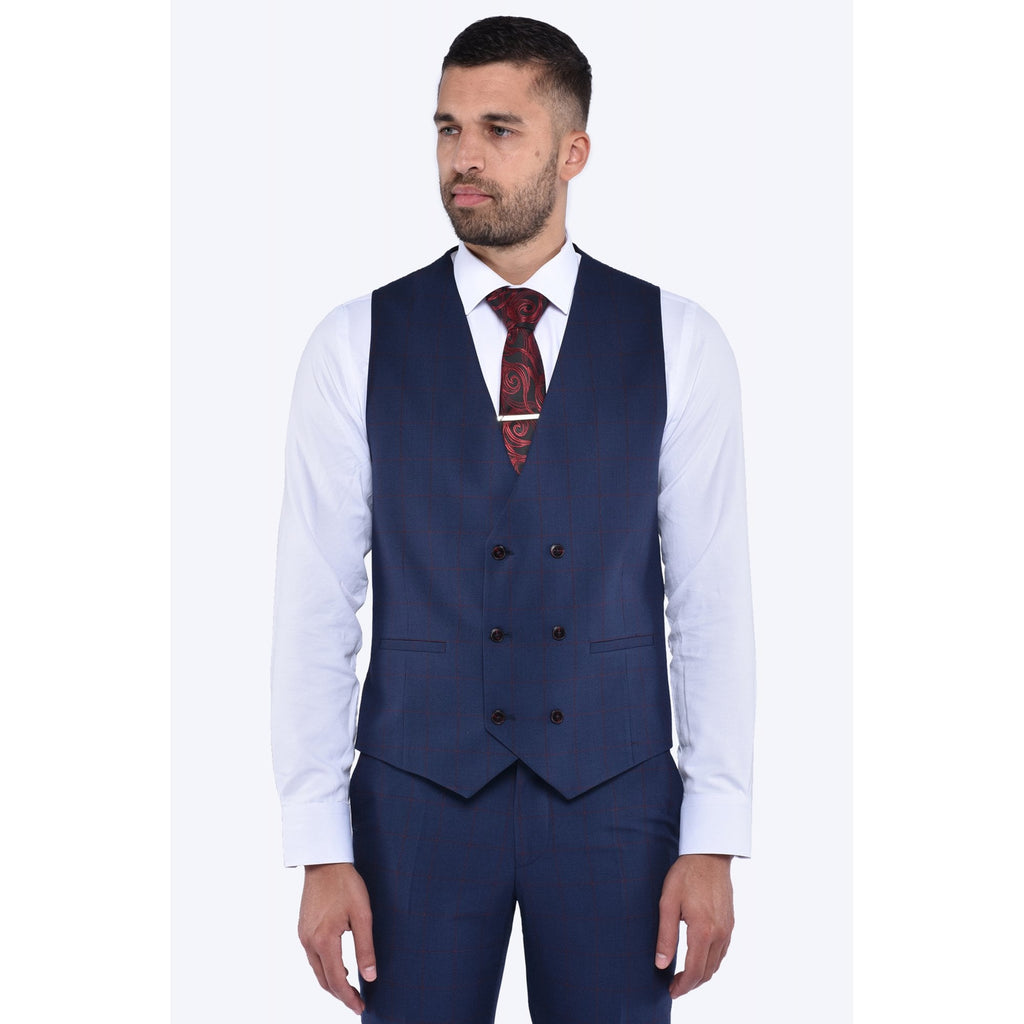 CB Kamy 2 Tailored Slim Fit Contrast Check 3 Piece Suit - Navy