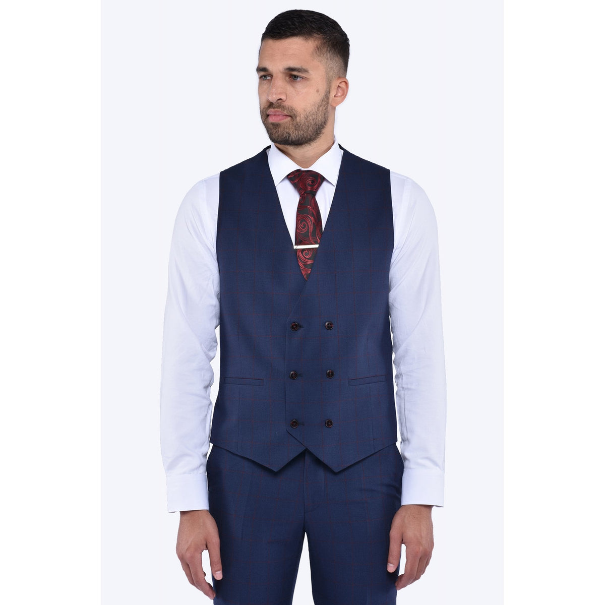 CB Kamy 2 Tailored Slim Fit Contrast Check 3 Piece Suit - Navy