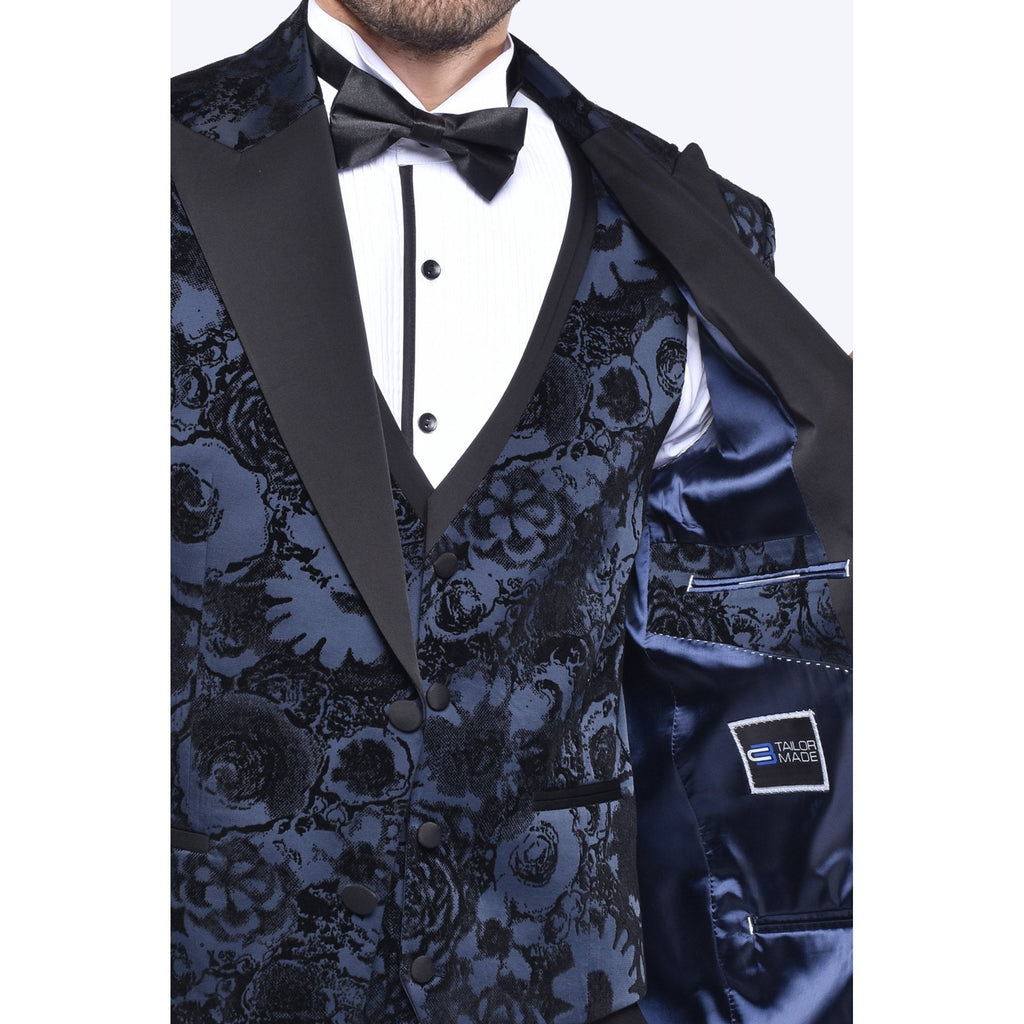 CB Lagos Tailored Slim Fit Velvet Flower Print 3 Piece Suit
