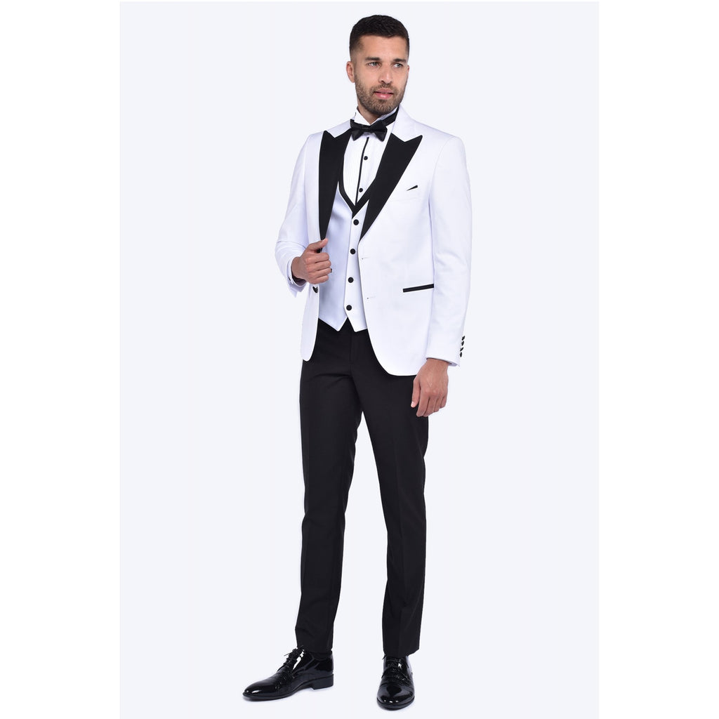 CB Mumbai Tailored Slim Fit Plain Contrast 3 Piece Suit - White/Black