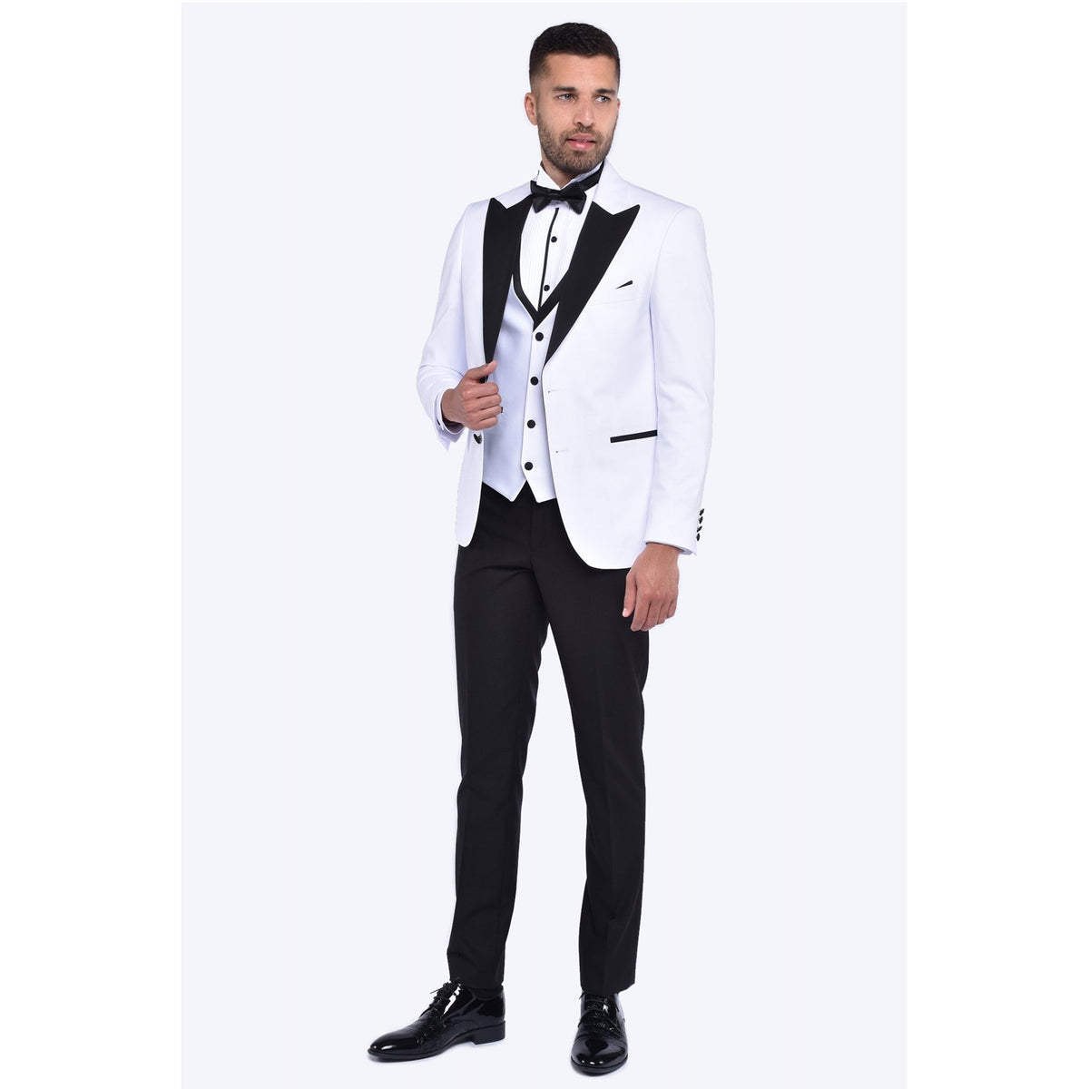 CB Mumbai Tailored Slim Fit Plain Contrast 3 Piece Suit - White/Black