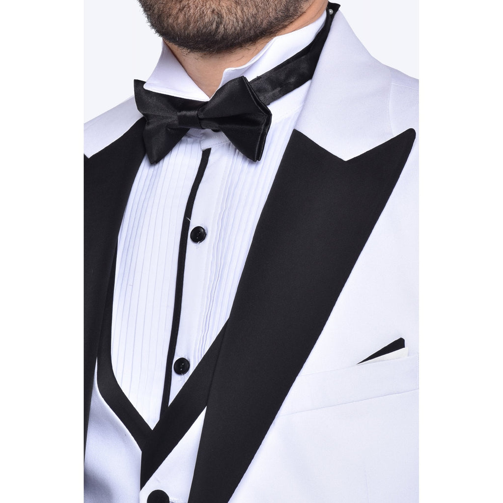 CB Mumbai Tailored Slim Fit Plain Contrast 3 Piece Suit - White/Black