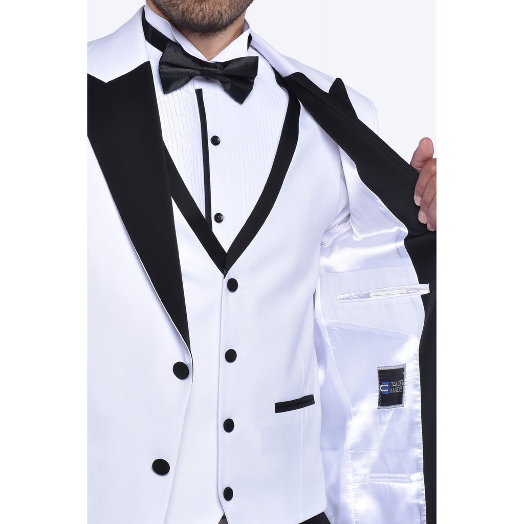 CB Mumbai Tailored Slim Fit Plain Contrast 3 Piece Suit - White/Black