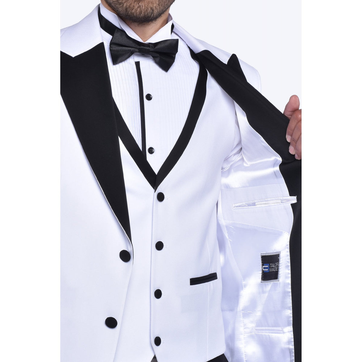 CB Mumbai Tailored Slim Fit Plain Contrast 3 Piece Suit - White/Black