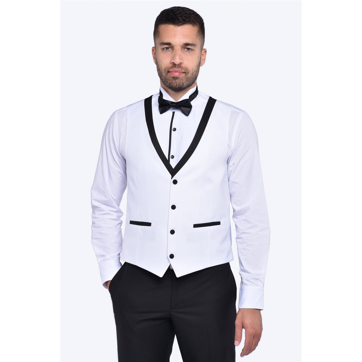 CB Mumbai Tailored Slim Fit Plain Contrast 3 Piece Suit - White/Black