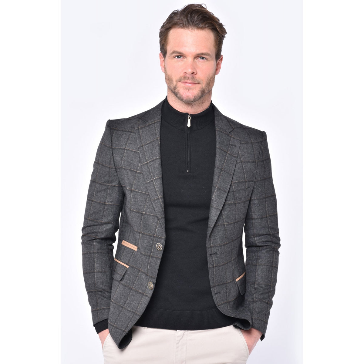 CB Jason Tailored Slim Fit Check Print Blazer - Black/Beige