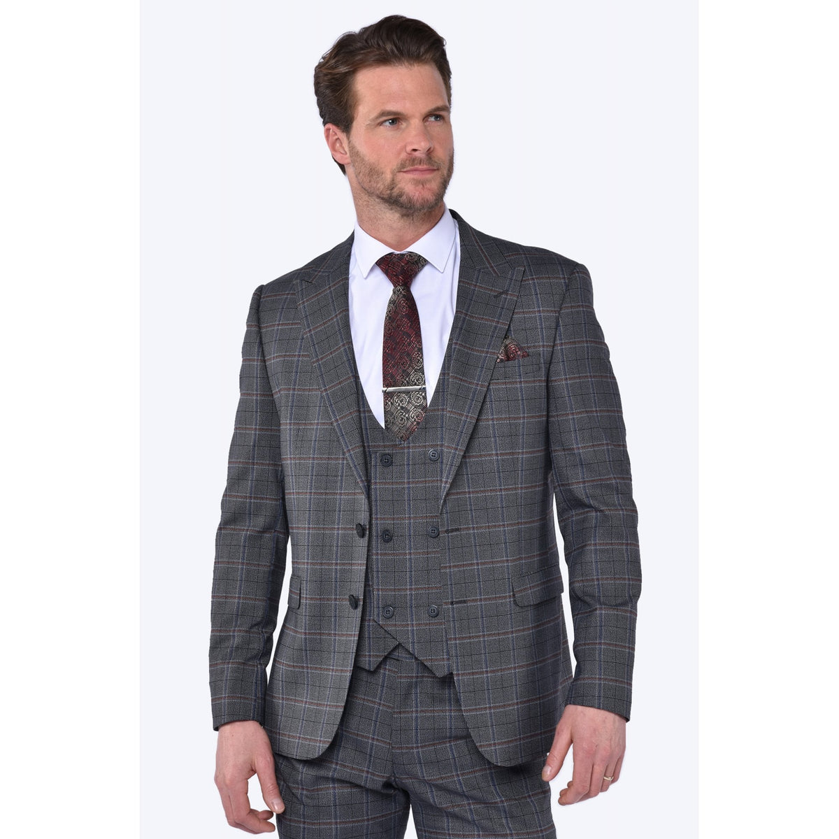CB Jason Tailored Slim Fit Contrast Check 3 Piece Suit - Grey