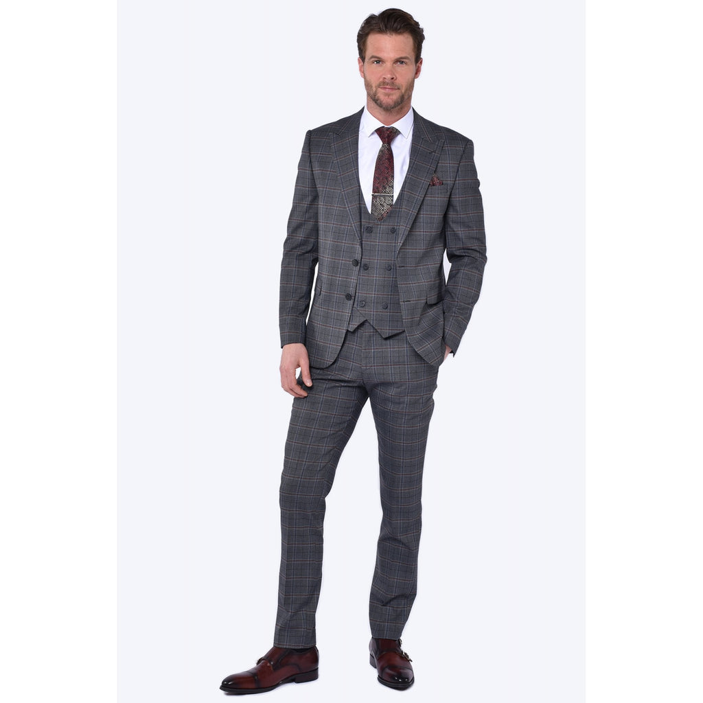 CB Jason Tailored Slim Fit Contrast Check 3 Piece Suit - Grey