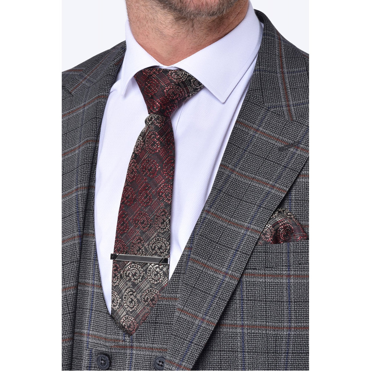 CB Jason Tailored Slim Fit Contrast Check 3 Piece Suit - Grey