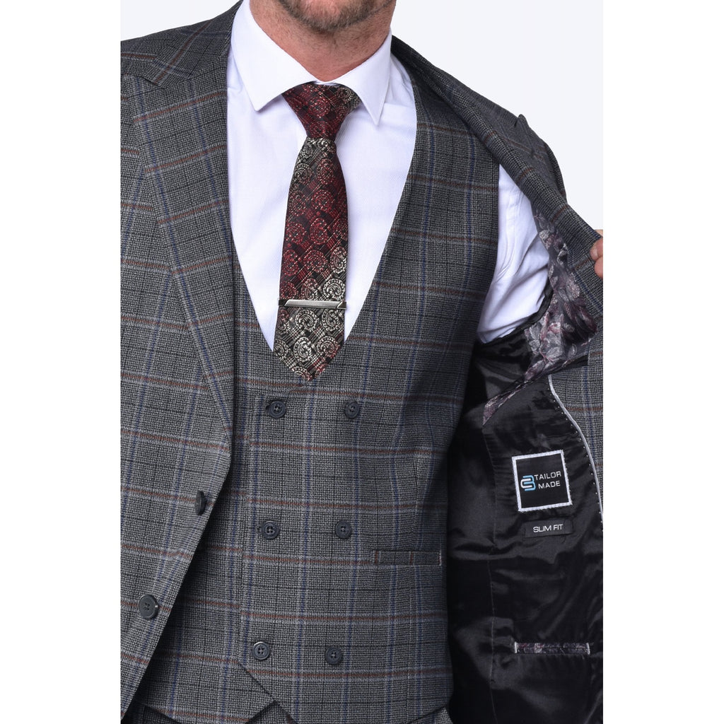 CB Jason Tailored Slim Fit Contrast Check 3 Piece Suit - Grey