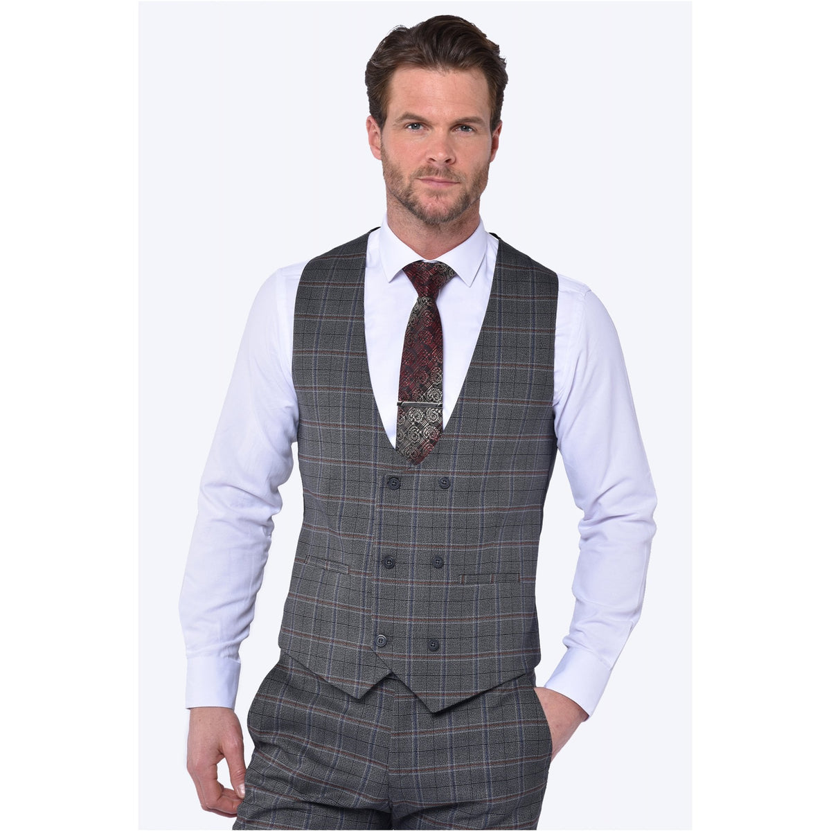 CB Jason Tailored Slim Fit Contrast Check 3 Piece Suit - Grey