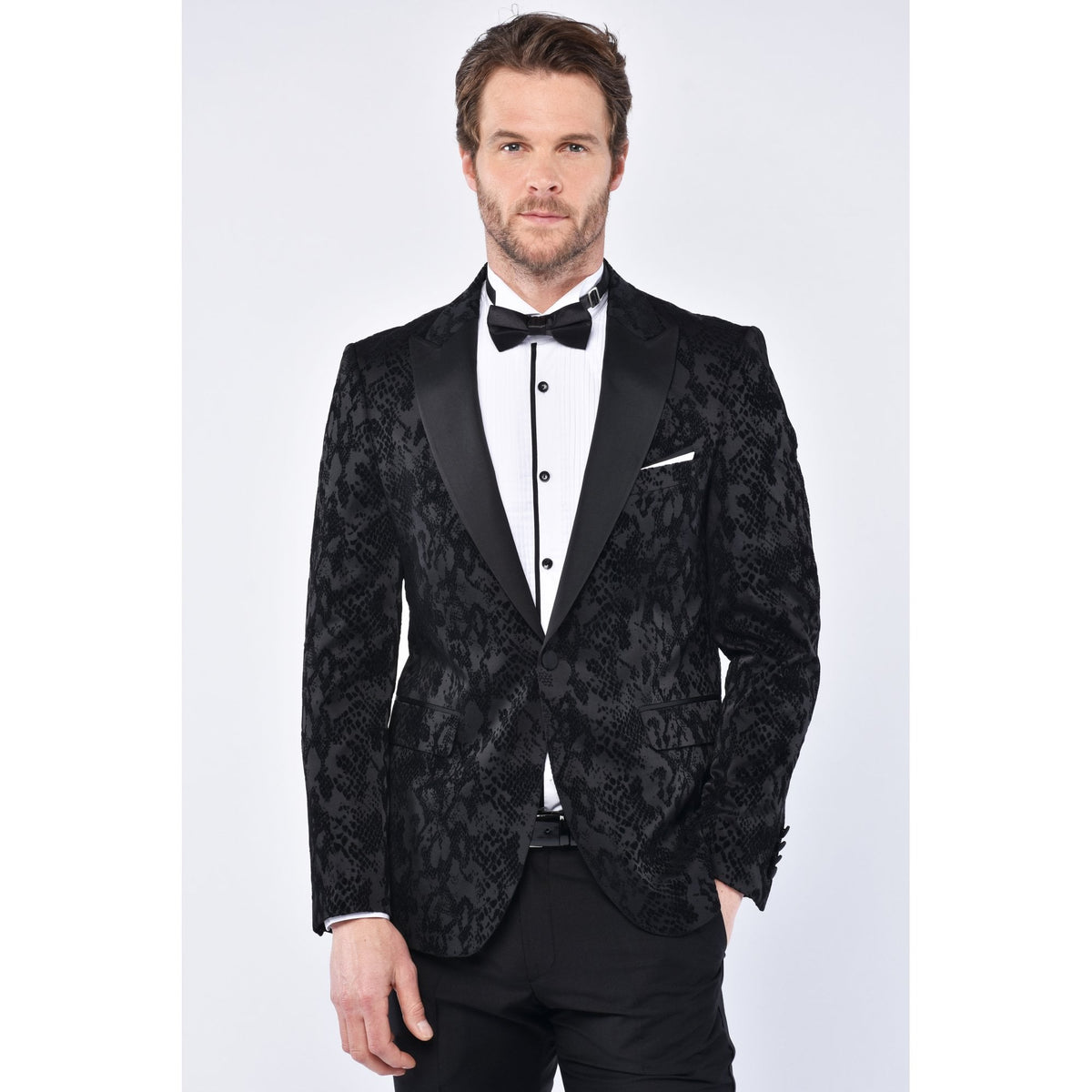 CB Florence Tailored Slim Fit Velvet Pattern Dinner Blazer - Black