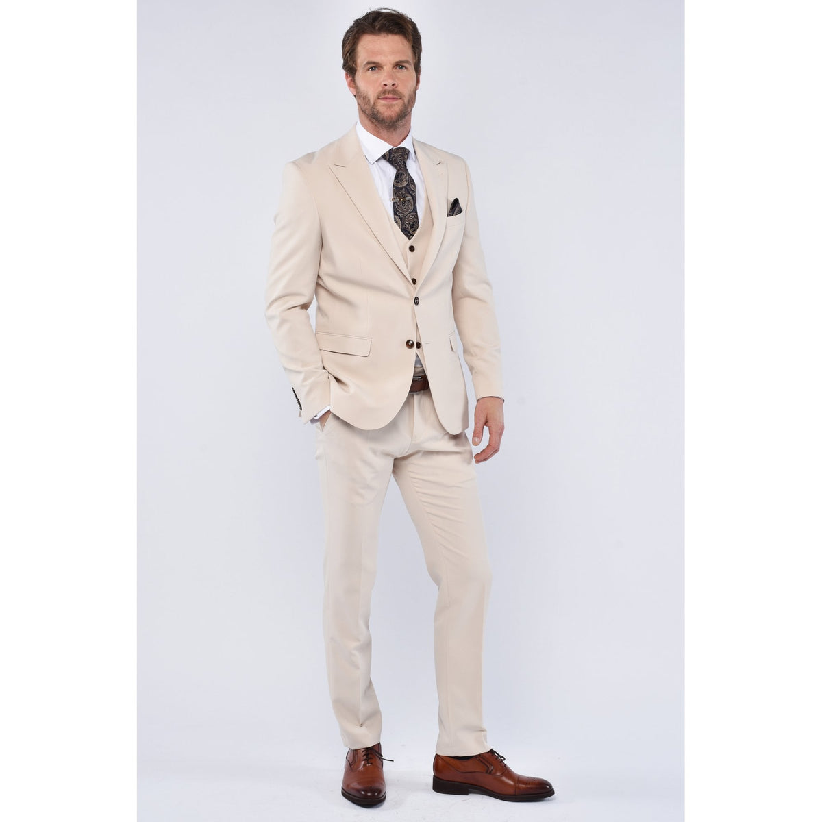 CB Cairo Tailored Slim Fit Smooth Plain 3 Piece Suit - Stone