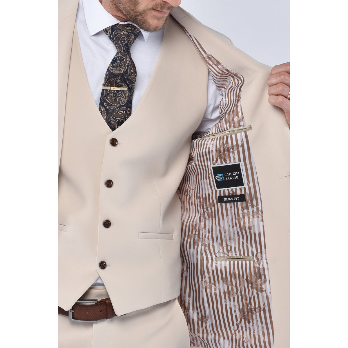 CB Cairo Tailored Slim Fit Smooth Plain 3 Piece Suit - Stone