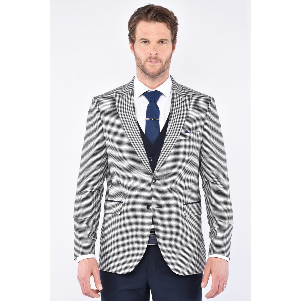 CB Koda 2 Tailored Slim Fit Houndstooth Design Print Blazer - Navy/White