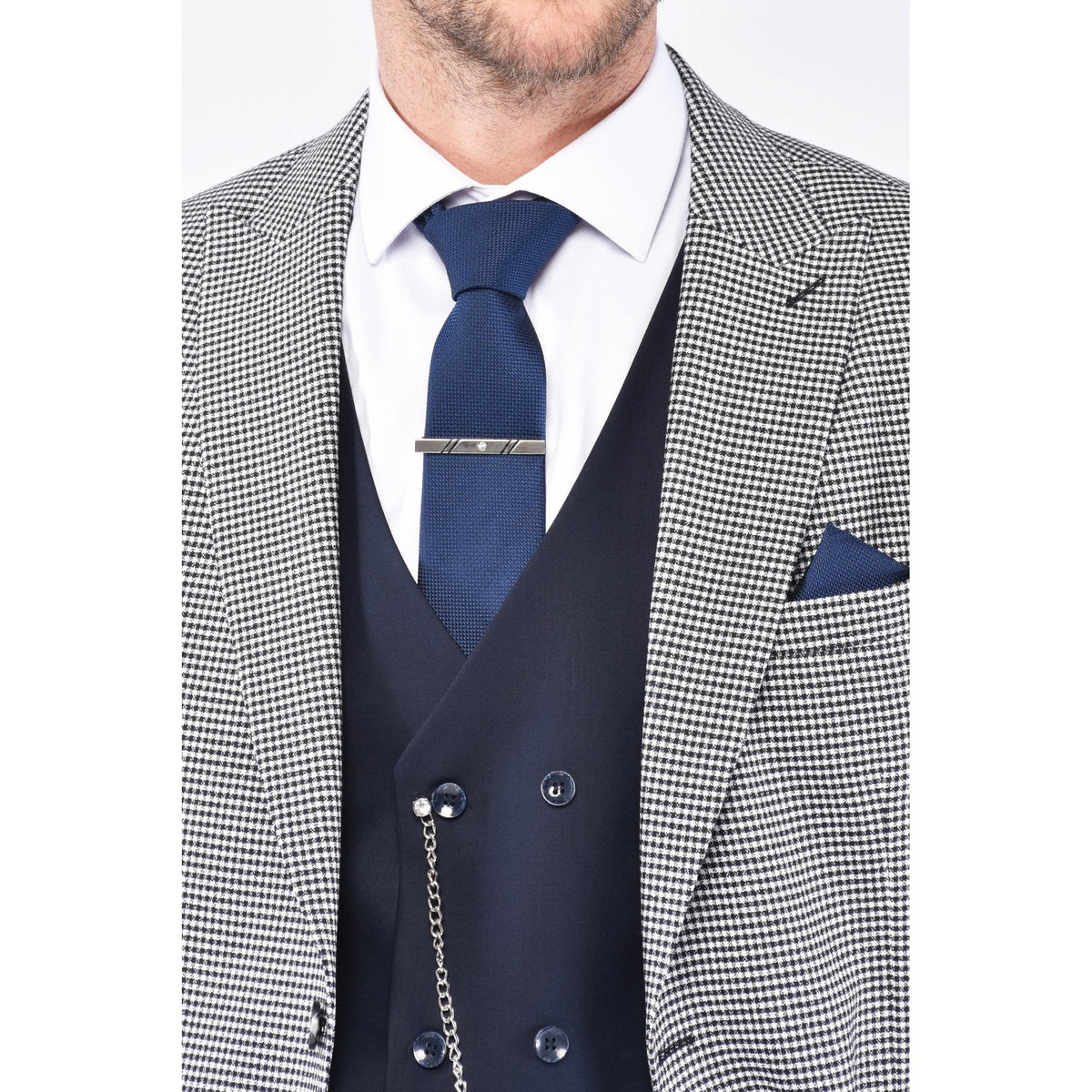 CB Koda 2 Tailored Slim Fit Houndstooth Design Print Blazer - Navy/White