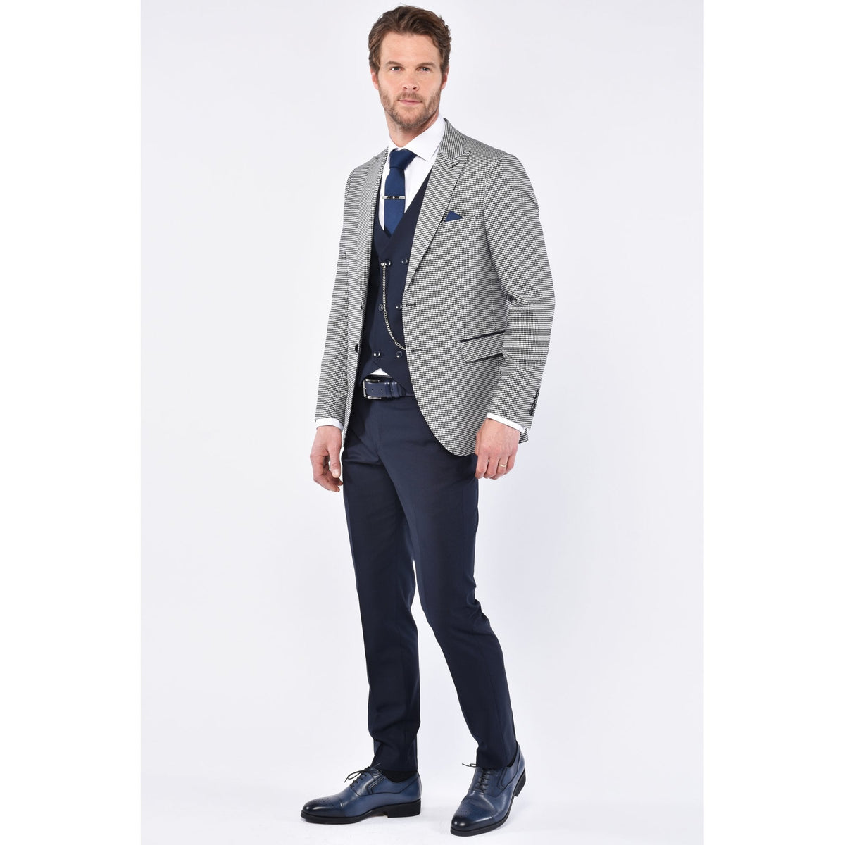 CB Koda 2 Tailored Slim Fit Houndstooth Design Print Blazer - Navy/White