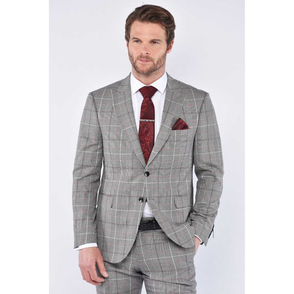 CB Newport Tailored Slim Fit Contrast Puppytooth Check 2 Piece Suit - Mid Grey