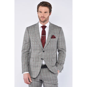 CB Newport Tailored Slim Fit Contrast Puppytooth Check 2 Piece Suit - Mid Grey