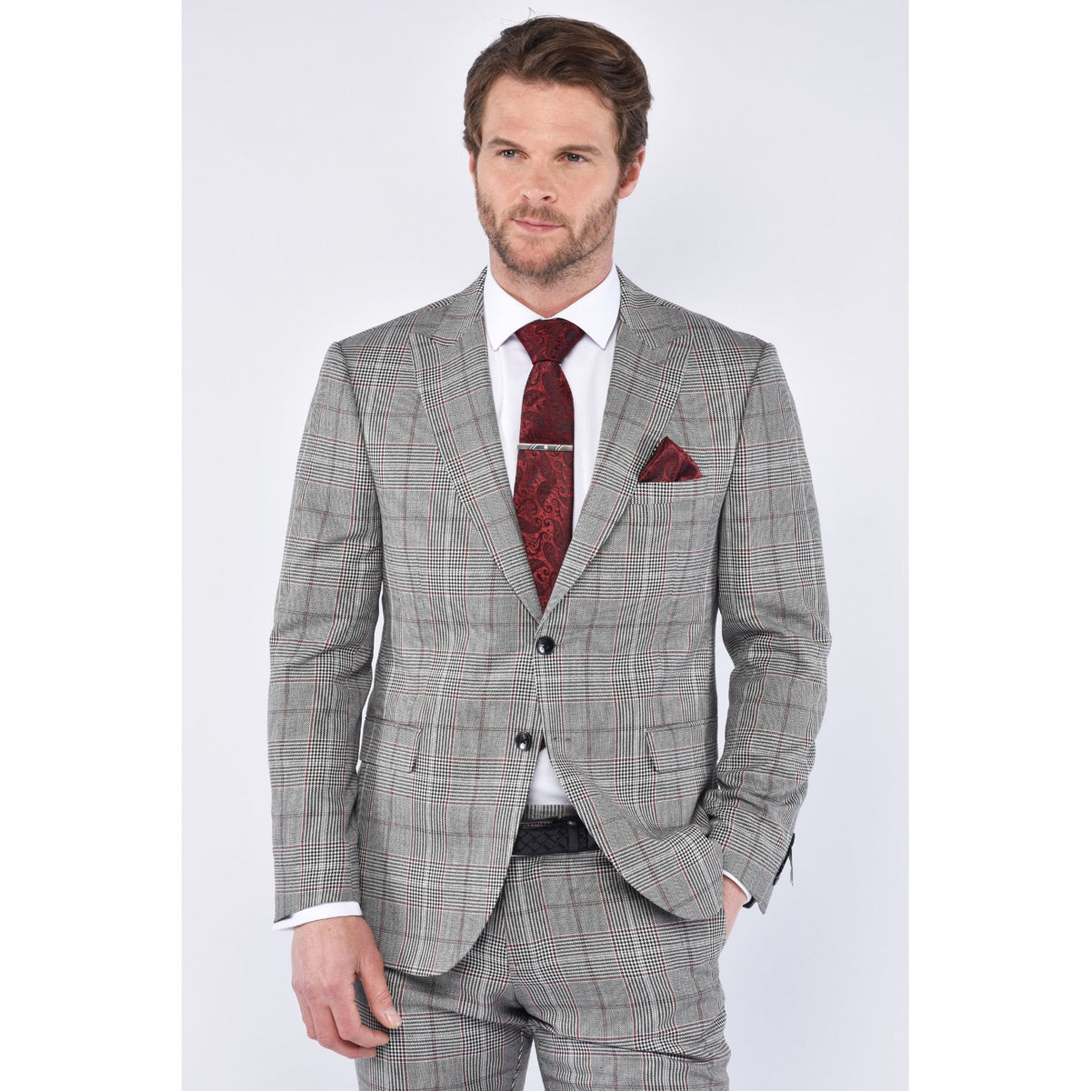 CB Newport Tailored Slim Fit Contrast Puppytooth Check 2 Piece Suit - Mid Grey