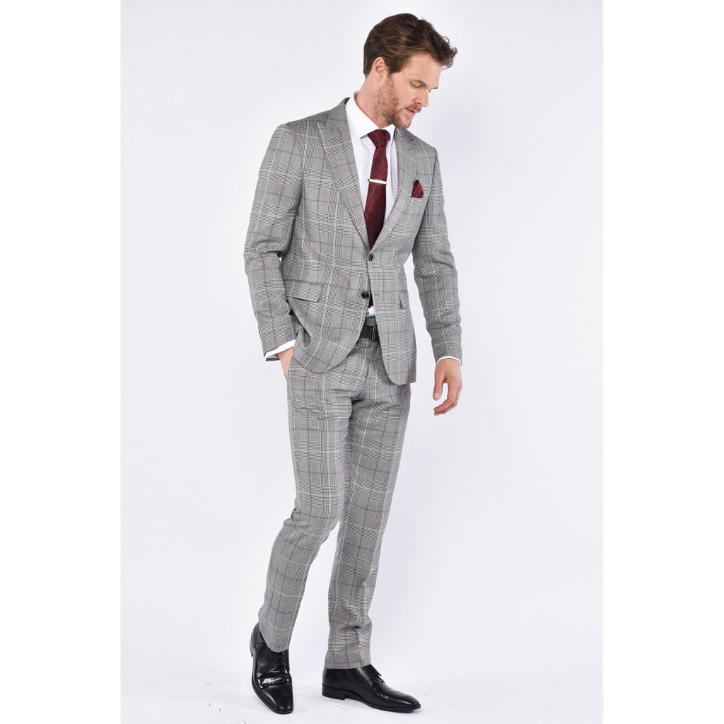 CB Newport Tailored Slim Fit Contrast Puppytooth Check 2 Piece Suit - Mid Grey