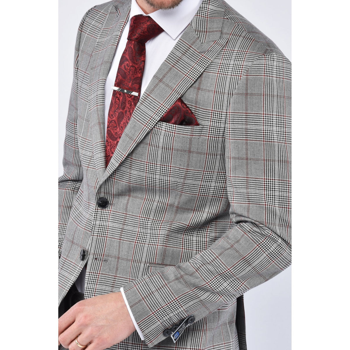 CB Newport Tailored Slim Fit Contrast Puppytooth Check 2 Piece Suit - Mid Grey