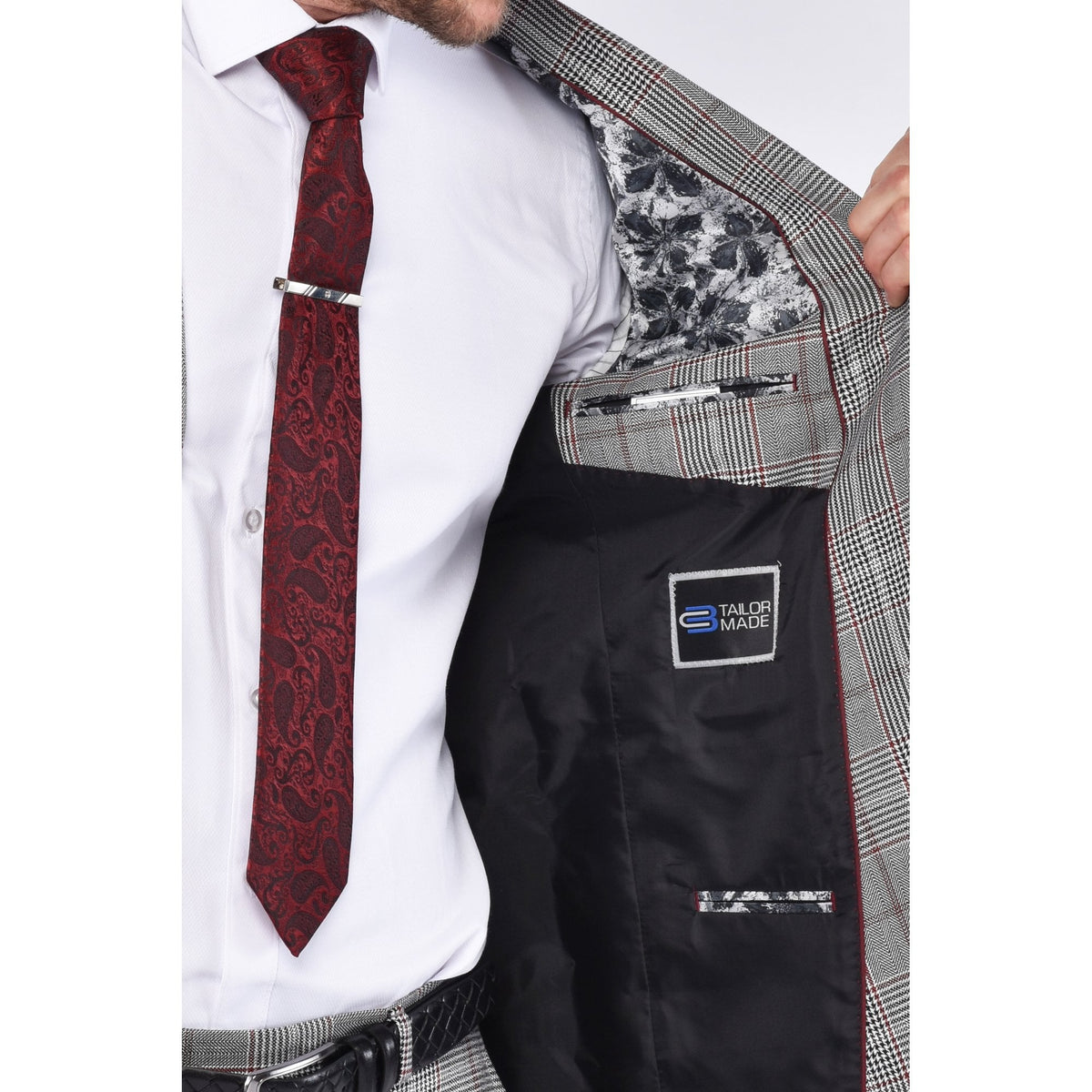 CB Newport Tailored Slim Fit Contrast Puppytooth Check 2 Piece Suit - Mid Grey