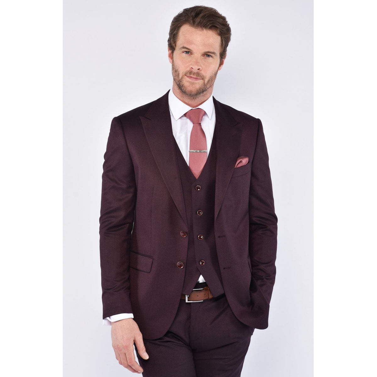 CB Oliver Tailored Slim Fit Textured 3 Piece Suit - Burgundy