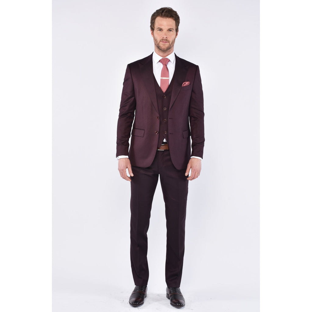 CB Oliver Tailored Slim Fit Textured 3 Piece Suit - Burgundy