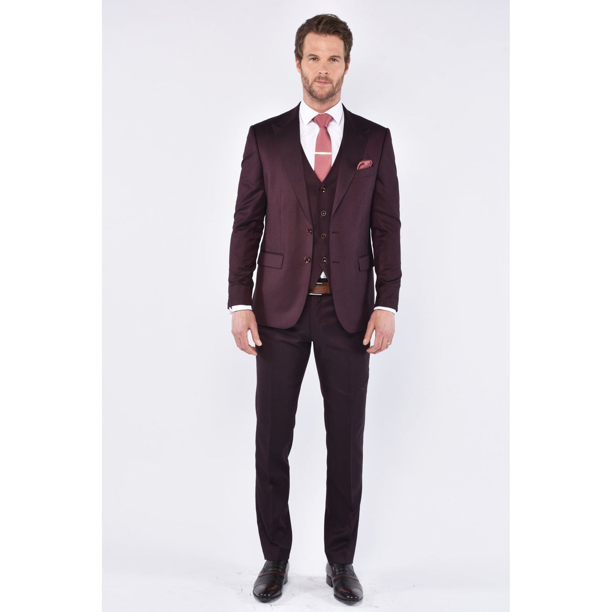 CB Oliver Tailored Slim Fit Textured 3 Piece Suit - Burgundy