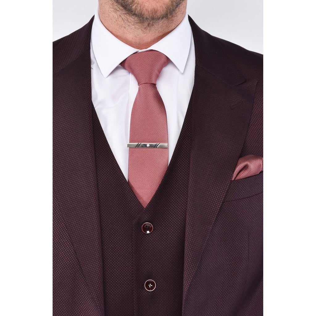CB Oliver Tailored Slim Fit Textured 3 Piece Suit - Burgundy