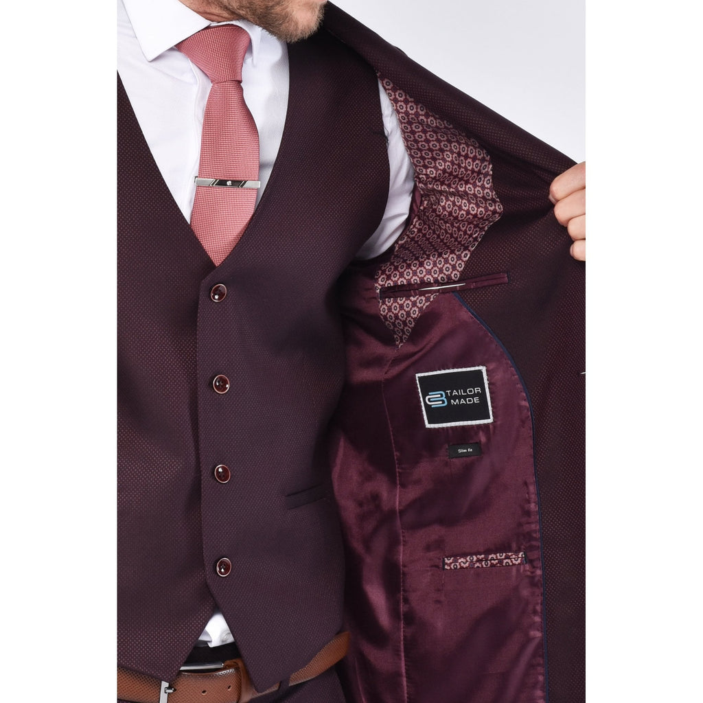CB Oliver Tailored Slim Fit Textured 3 Piece Suit - Burgundy